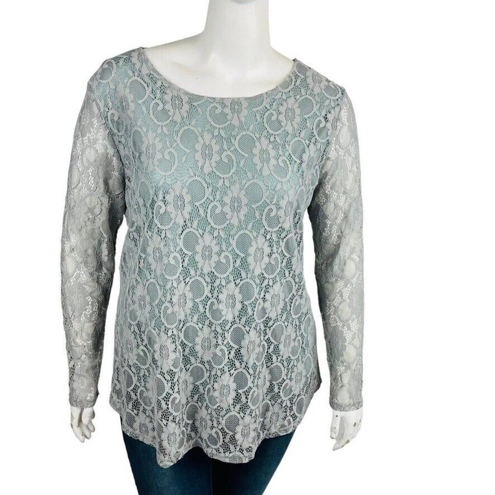 Soteer Womans XXL Blouse Long Sleeve Floral Lace Lined Grey‎